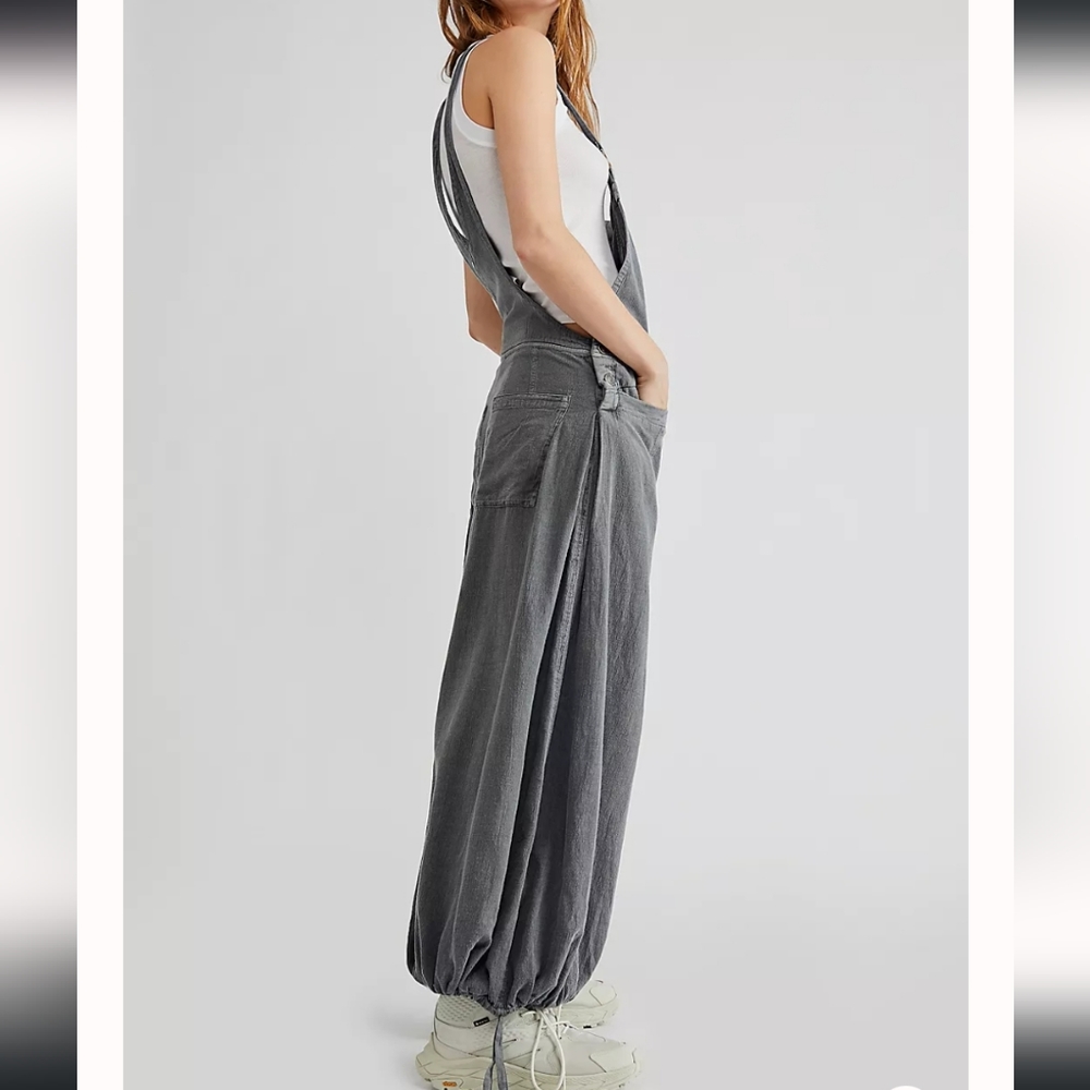 Free People Washed Gray Wide-Leg Denim Overalls. - Picture 3 of 10